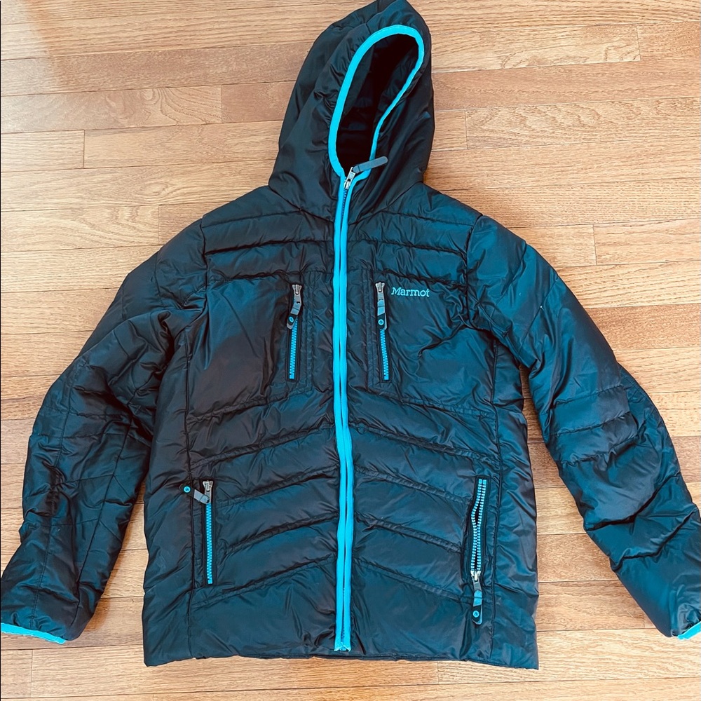 Marmot 700 Fill Down Hooded Black & Blue Puffer Coat/Jacket Youth XL Lightweight